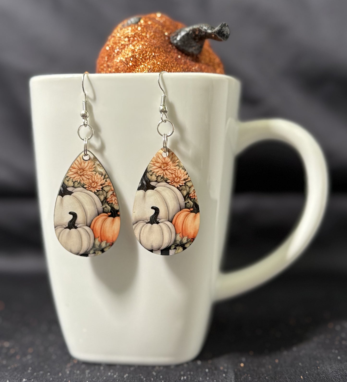 Fall Pumpkins White and Orange Teardrop MDF Earrings