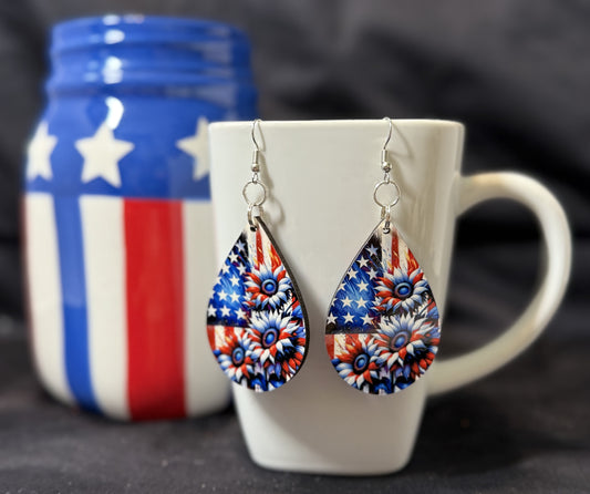 Patriotic Stars and Stripes with Daisies Teardrop MDF Earrings