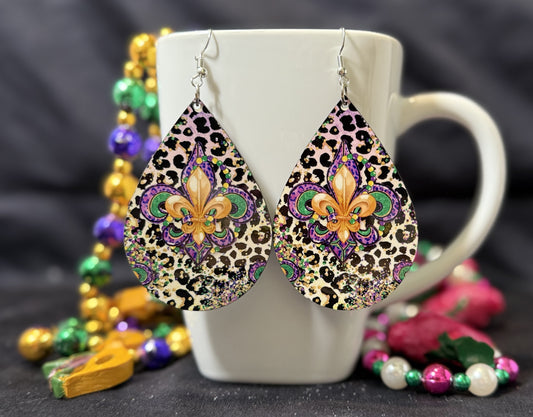 Mardi Gras Fleur De Lis with Cheetah Spots Earrings