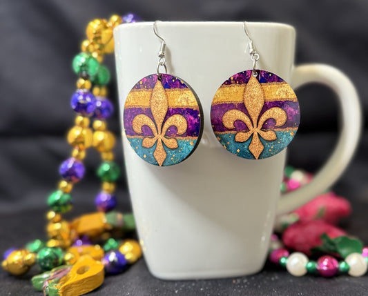 Mardi Gras Round Fleur De Lis with Stripes Earrings