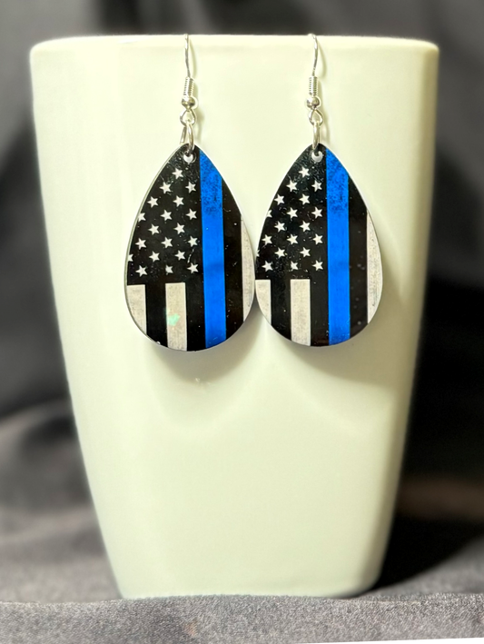 Blue Line Teardrop MDF Earrings