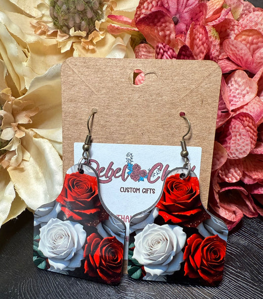 Red and White Roses- Cow Tag Earrings