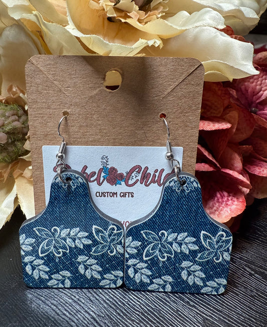 Denim Charm Cow Tag Earrings