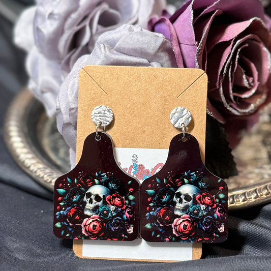 Skull with Flowers Cow Tag Earrings