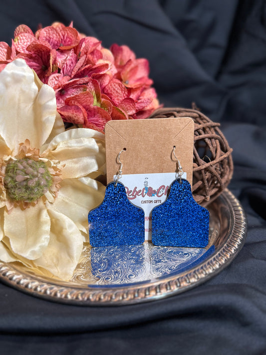 Royal Blue or Turquoise Glitter Cow Tag Earrings