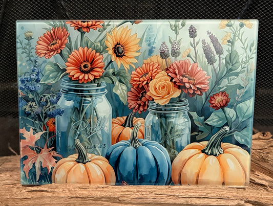 Sunflowers and Pumpkins Glass Charcuterie Board