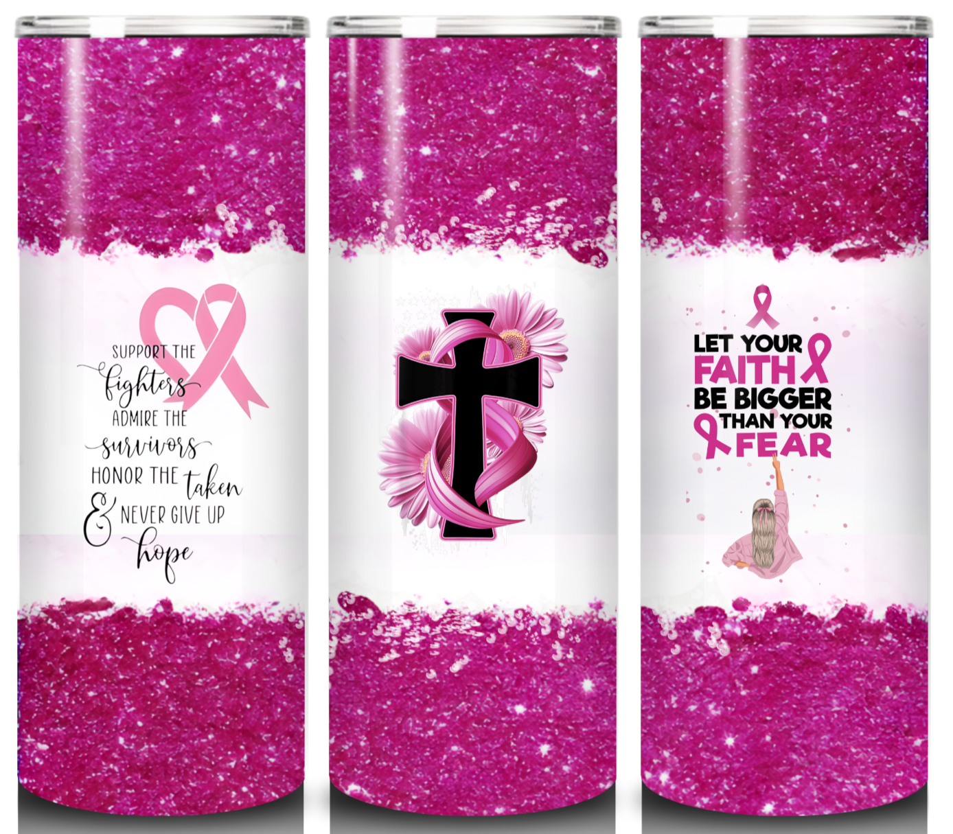 Faith and Fight 20 ounce Skinny Tumbler; Breast Cancer Awareness Collection
