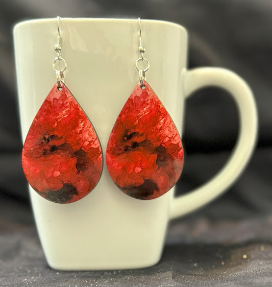 Red and Black Teardrop MDF Earrings